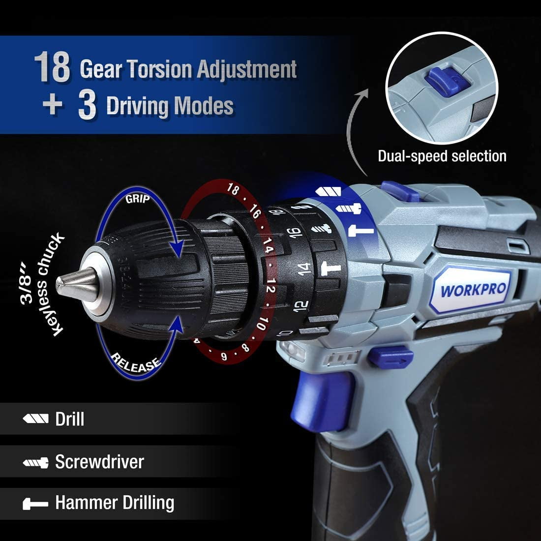 Buy WORKPRO 12V Cordless Drill and Home Tool Kit, 177 Pieces Combo Kit