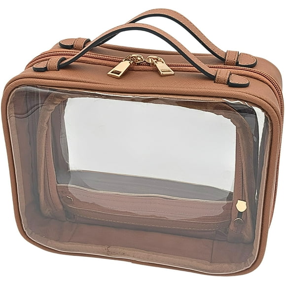 Bolsa de maquillaje JAZD transparente para artículos de aseo, organizador de viaje, color marrón