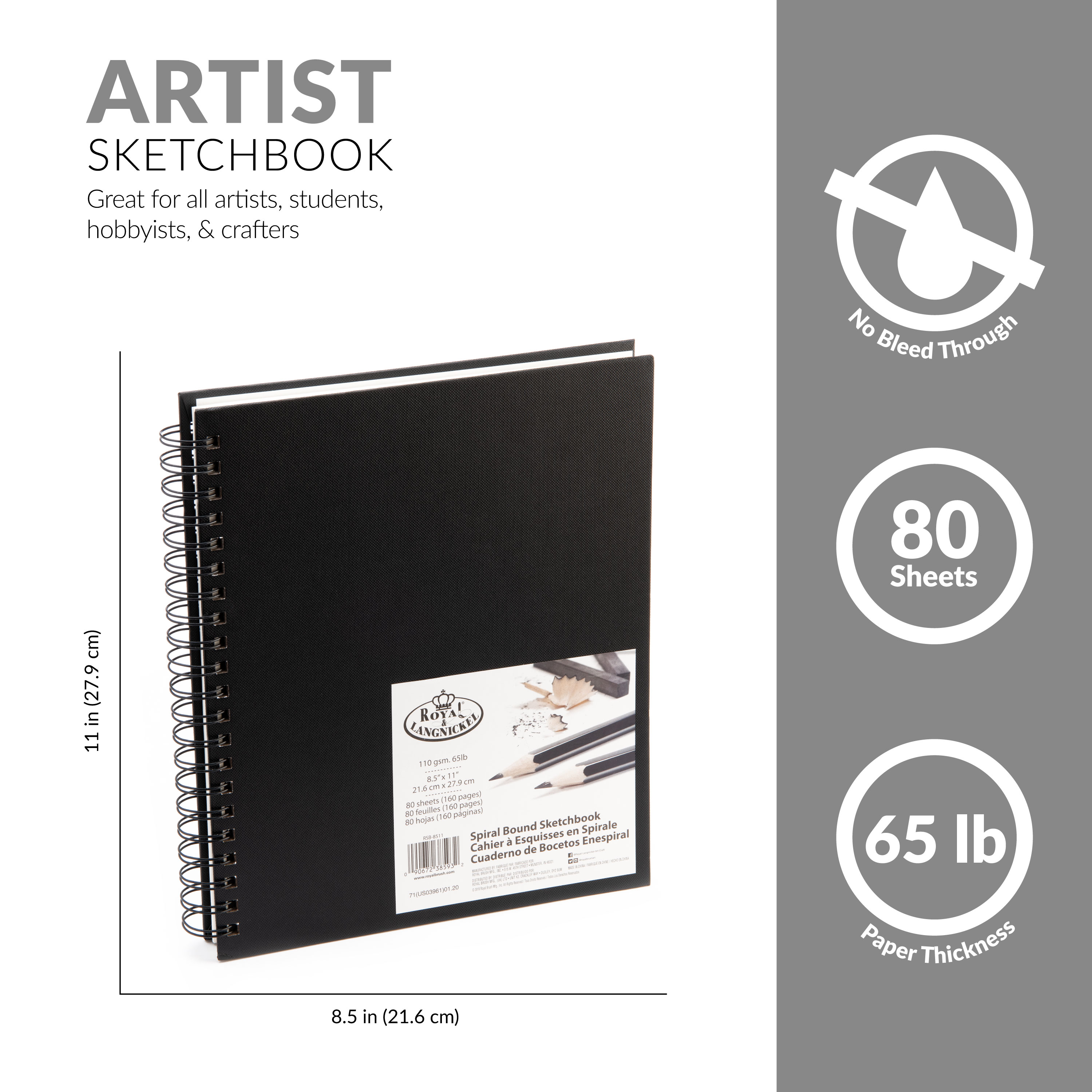 Royal & Langnickel Essentials - 3 Pack 8.5 x 11 Spiralbound Drawing  Sketch Book - 80 Sheets, 65 lb. Paper 