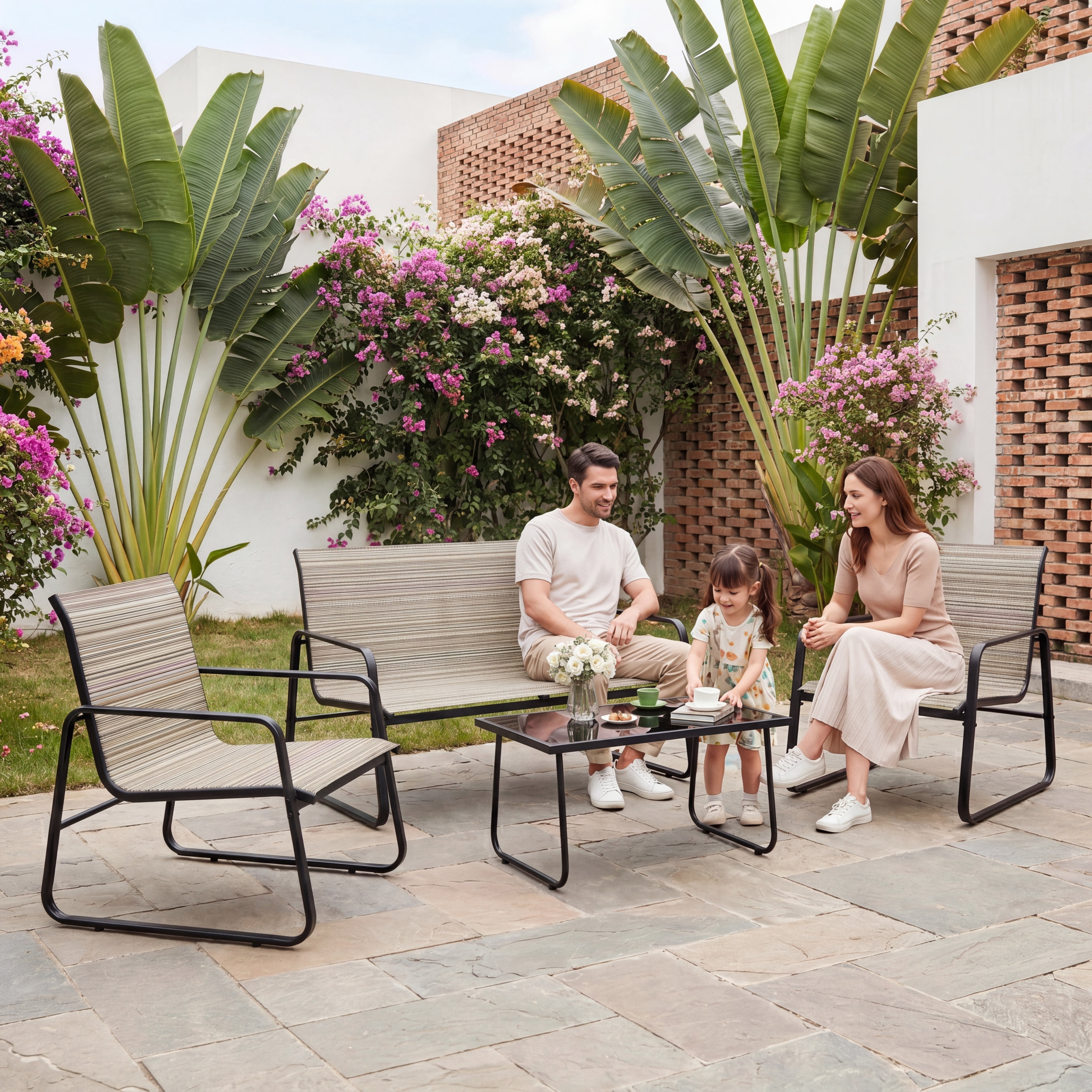 ALAULM 4 Pieces Outdoor Furniture Set All Weather Textile Fabric Patio Conversation Set w/Coffee Table, Loveseat, 2 Single Chairs for Patio, Yard, Garden, Lawn(Brown)
