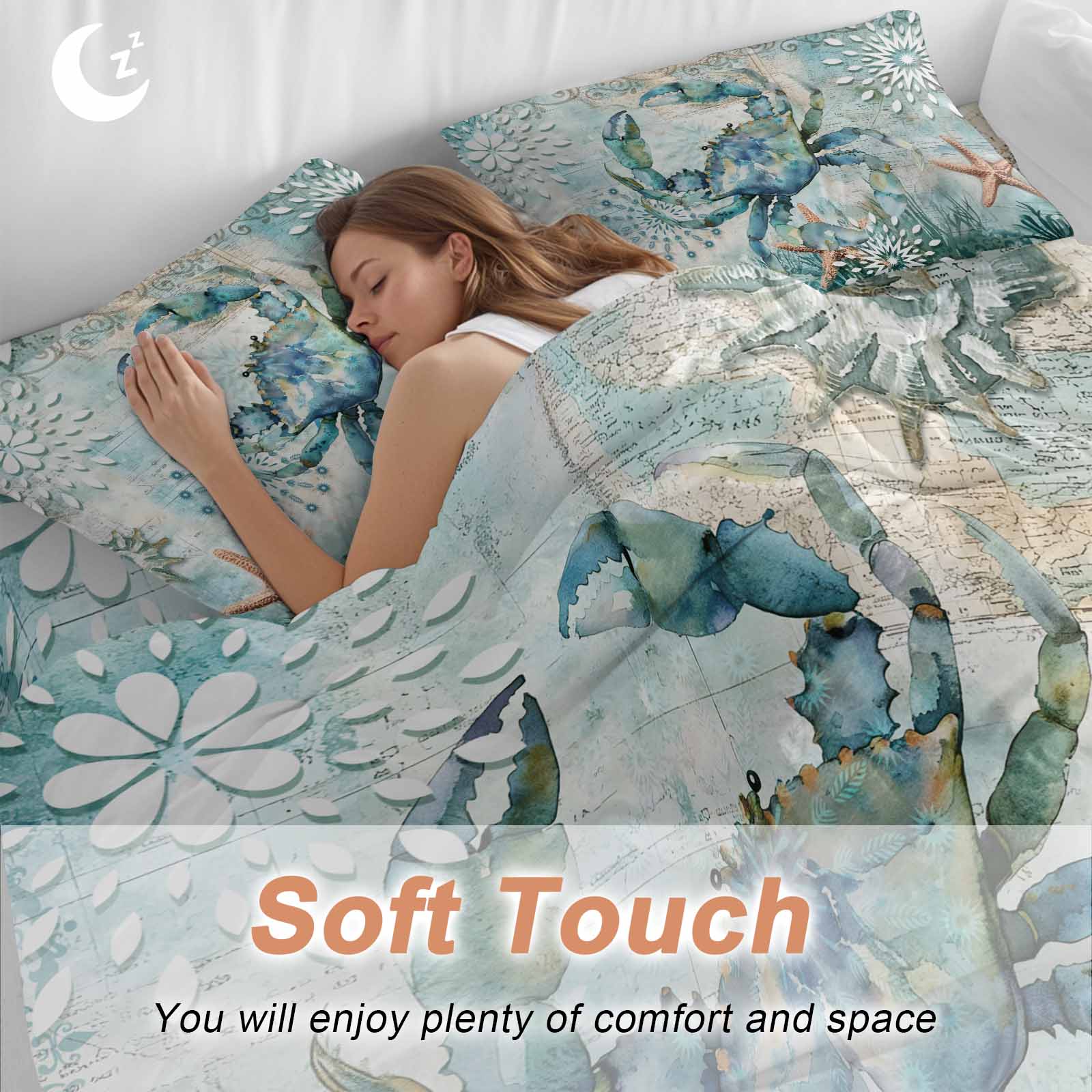 Retro Sea Crabs Bedding Duvet Cover Set Twin Size 4 Pieces Sea Stars Corals Ocean Animals Bedding Set with Zipper Closure, 1 Comforter Cover 68x86 Inches 1 Flat Sheet & 2 Pillow Cases