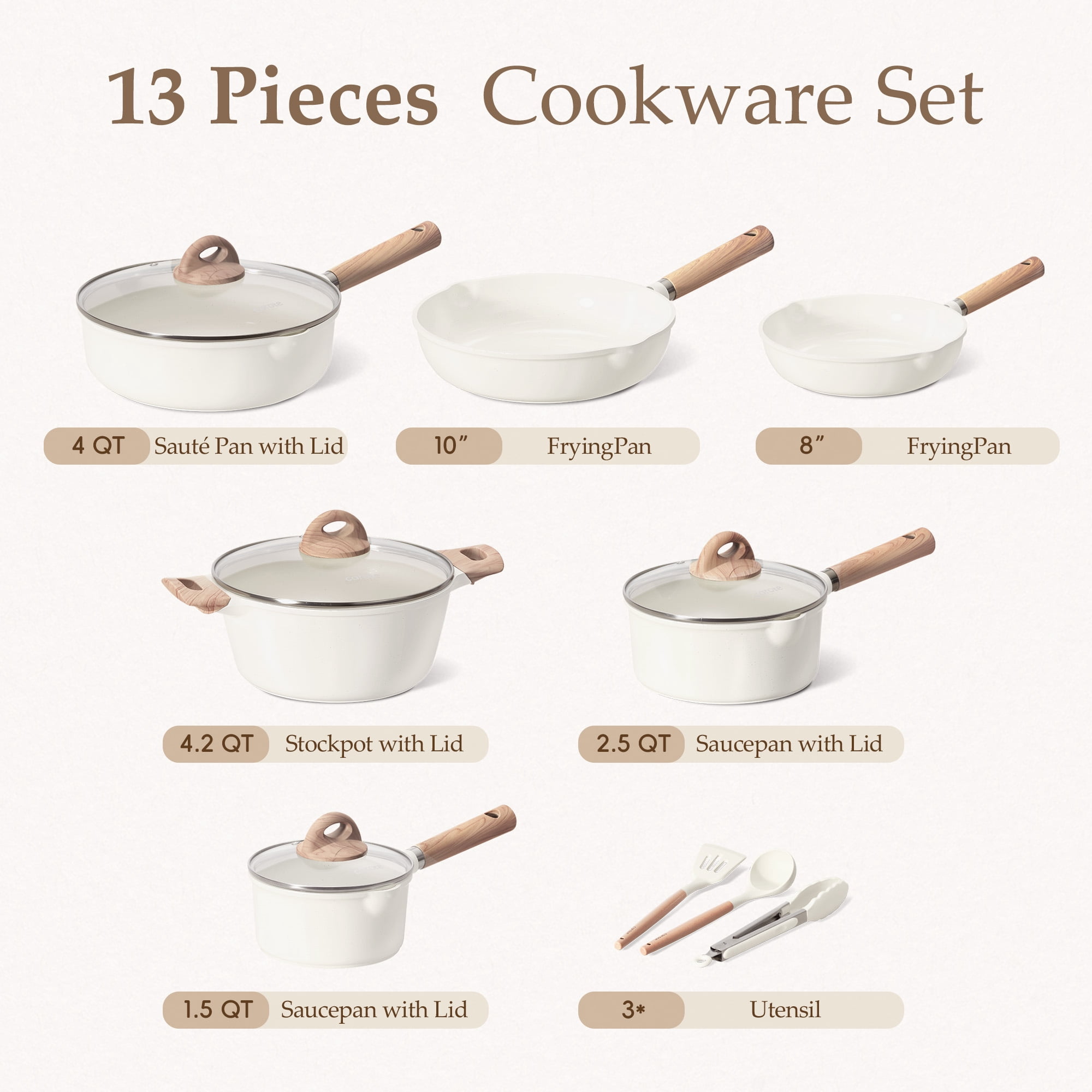 Carote Ceramic Nonstick Pots and Pans Set, 13 Pieces Kitchen Cookware Sets Compatible for All Stoves, White Granite