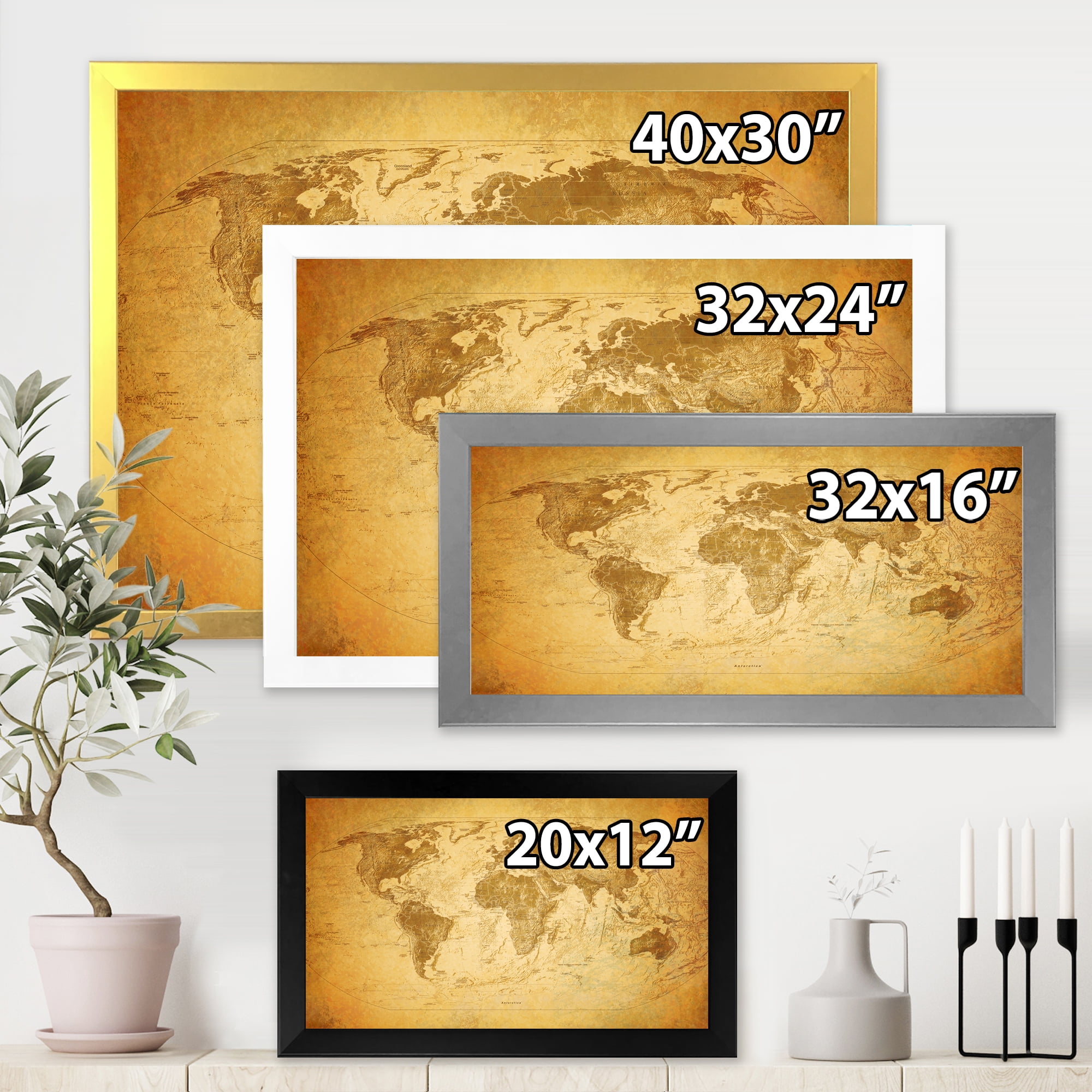 Designart 'Ancient World Map X' Vintage Framed Art Print