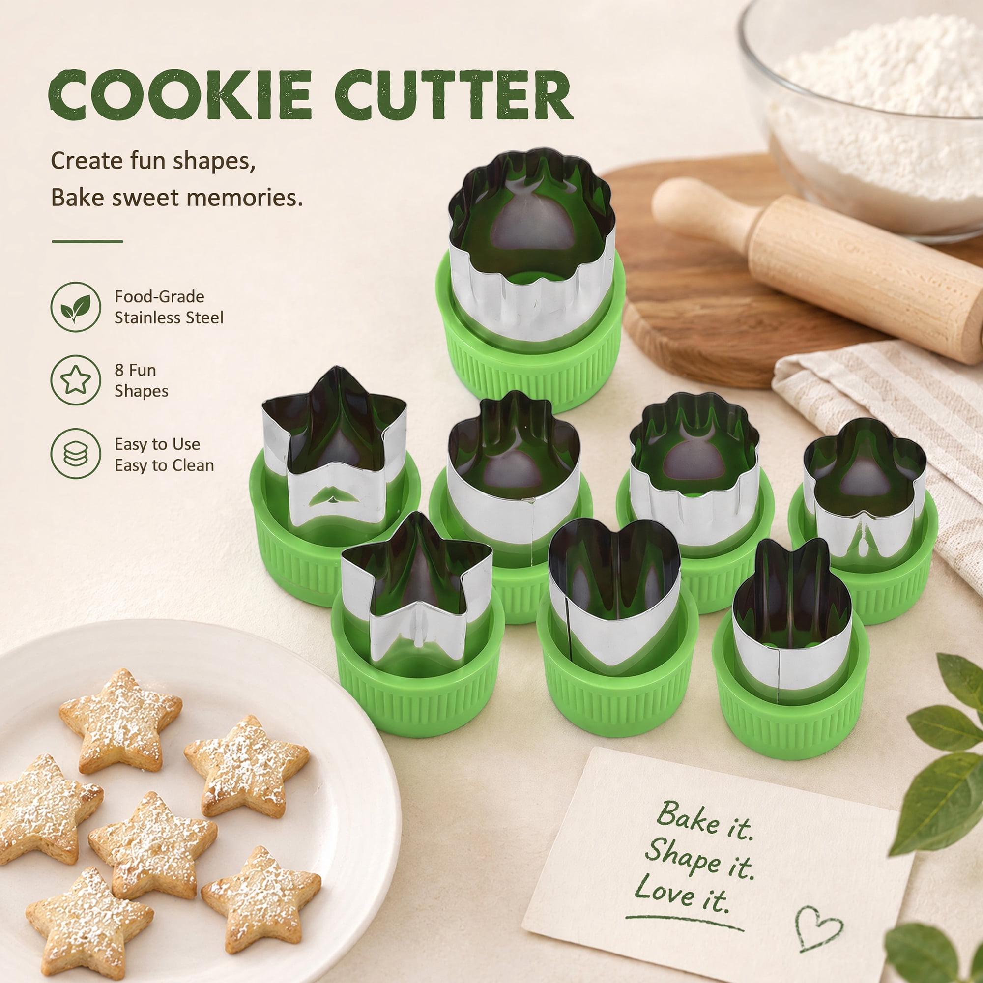Unique Bargains 12Pcs Handheld Metal Biscuit Cutter Set with Cushioned Handle Green 8Pcs