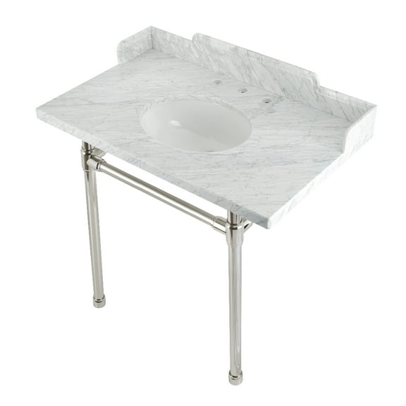 Kingston Brass LMS36M86ST Dreyden 36" Carrara Marble Console Sink with Stainless Steel Legs (8-Inch, 3-Hole), Carrara Marble White/Polished Nickel