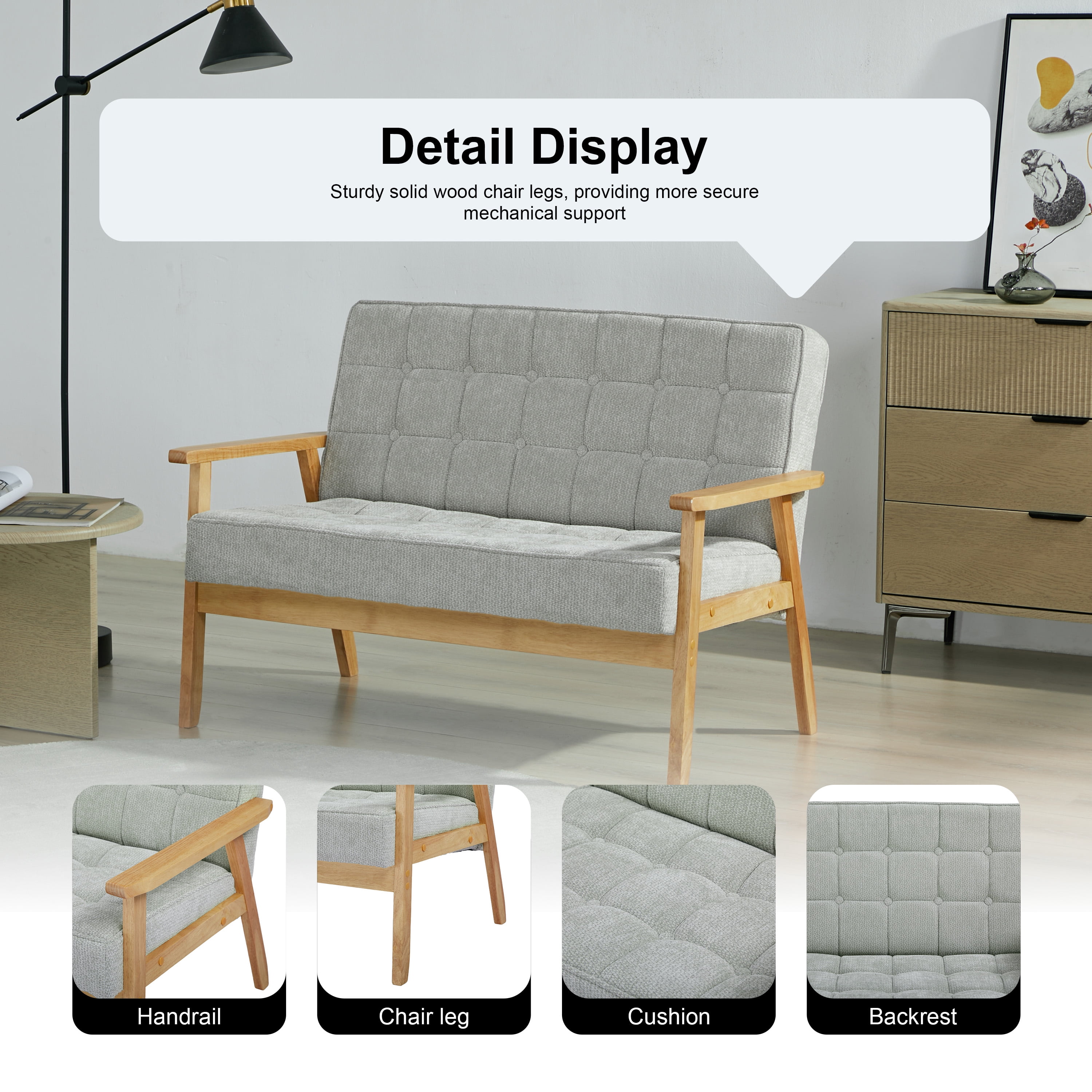 2-Seater Modern Sofa with Button Tufting, Solid Pine Wood Frame & Soft Fabric, Compact Loveseat for Living Room, Apartment, Dorm (Gray)