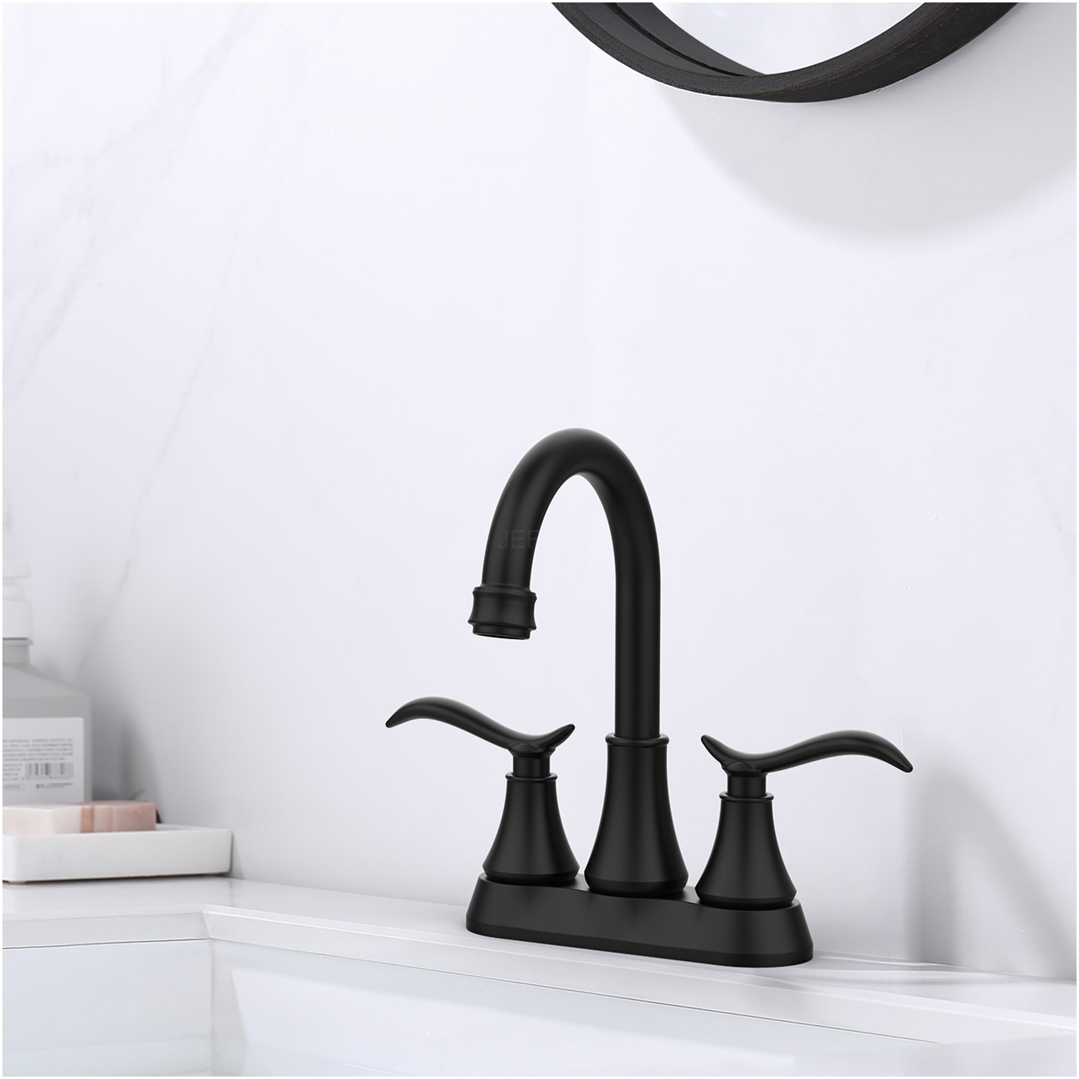 JERFIT 4" Centerset Bathroom Sink Faucet, 2-Handle High Arc Matte Black Vanity Faucet with Pop-Up Drain, Water Saving Deck Mount Brushed Nickel Finish