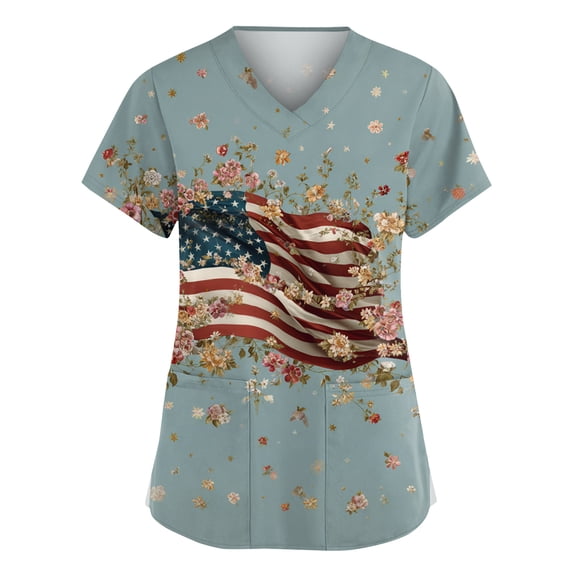 250th Anniversary USA Scrub Tops for Women Loose Short Sleeve USA Flag Print Scrub Shirts V Neck Independence Day Patriotic Scrubs Medical Nurse Uniform Nursing Workwear with Pockets Light Blue 5XL