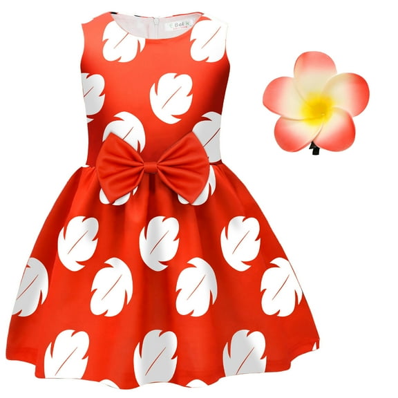 Girls Lilo Costume with Flower Hair Clip Halloween Red Leaf Fancy Cosplay Dress Up, Size for 4-5Y