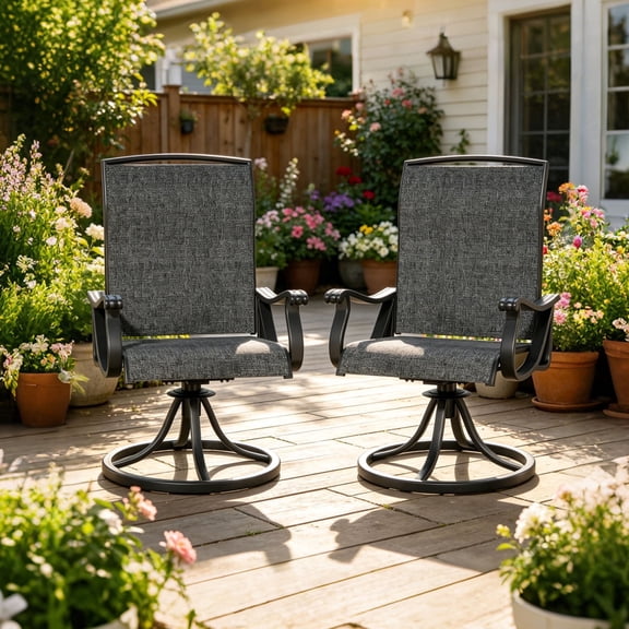 【ZSGJ&LIVE】Patio Swivel Dining Chairs Set of 2, High Back All‑Weather Breathable Textilene Fabric, 360° Swivel & 15° Rocking Function, Gray, 2‑Pack