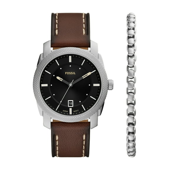 Fossil Men's Machine Three-Hand Date, Stainless Steel Watch and Bracelet Set