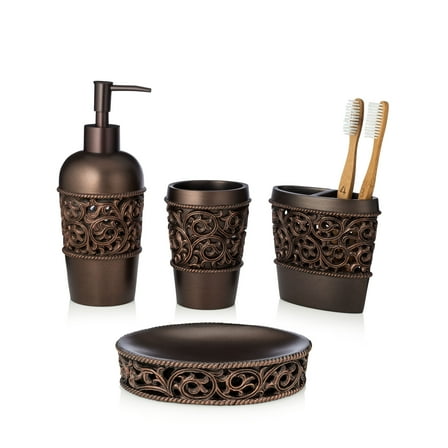 Essentra Home 4-Piece Bronze Bathroom Accessory Set, Complete Set Includes: Toothbrush Holder, Lotion Dispenser, Tumbler and Soap Dish