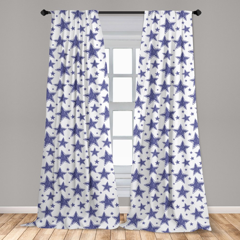 Star Curtains 2 Panels Set, Hand Drawn Illustration of 5 Pointed Doodle