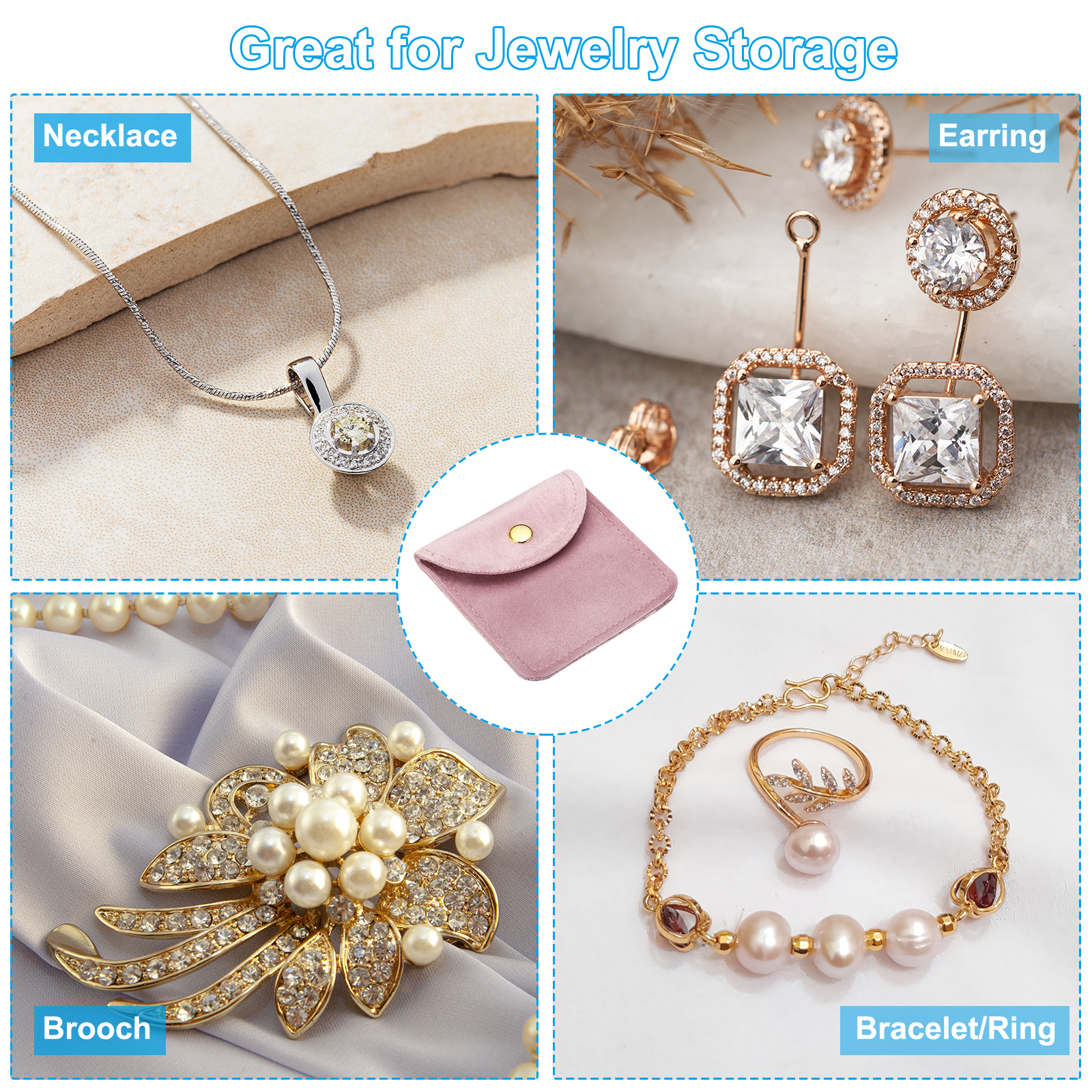 Unique Bargains 8pcs Velvet Jewelry Pouches with Snap Button Pink