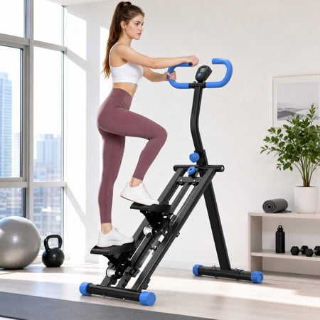 Foldable Vertical Climber Stair Stepper Machine Full‑Body Home Workout Climbing Fitness Equipment Adjustable Handlebar Step Machine with Digital Monitor for Resistance Training Home Gym Black‑Blue