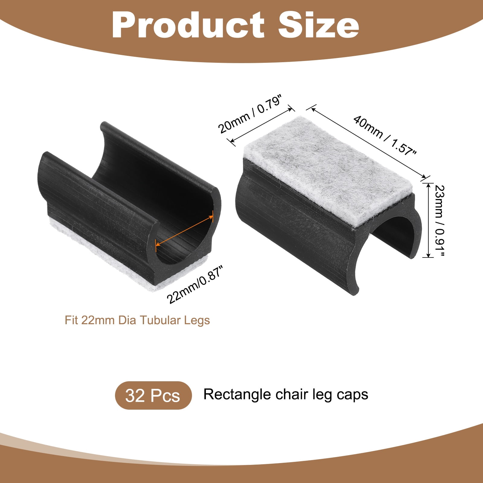 32 Pack Rectangle U Shaped Chair Leg Caps with Felt Pads, Fit 22mm Dia Tubular Legs, Slide Smoothly Furniture Feet Protectors No Scratches No Noise for Hardwood Floors, Black