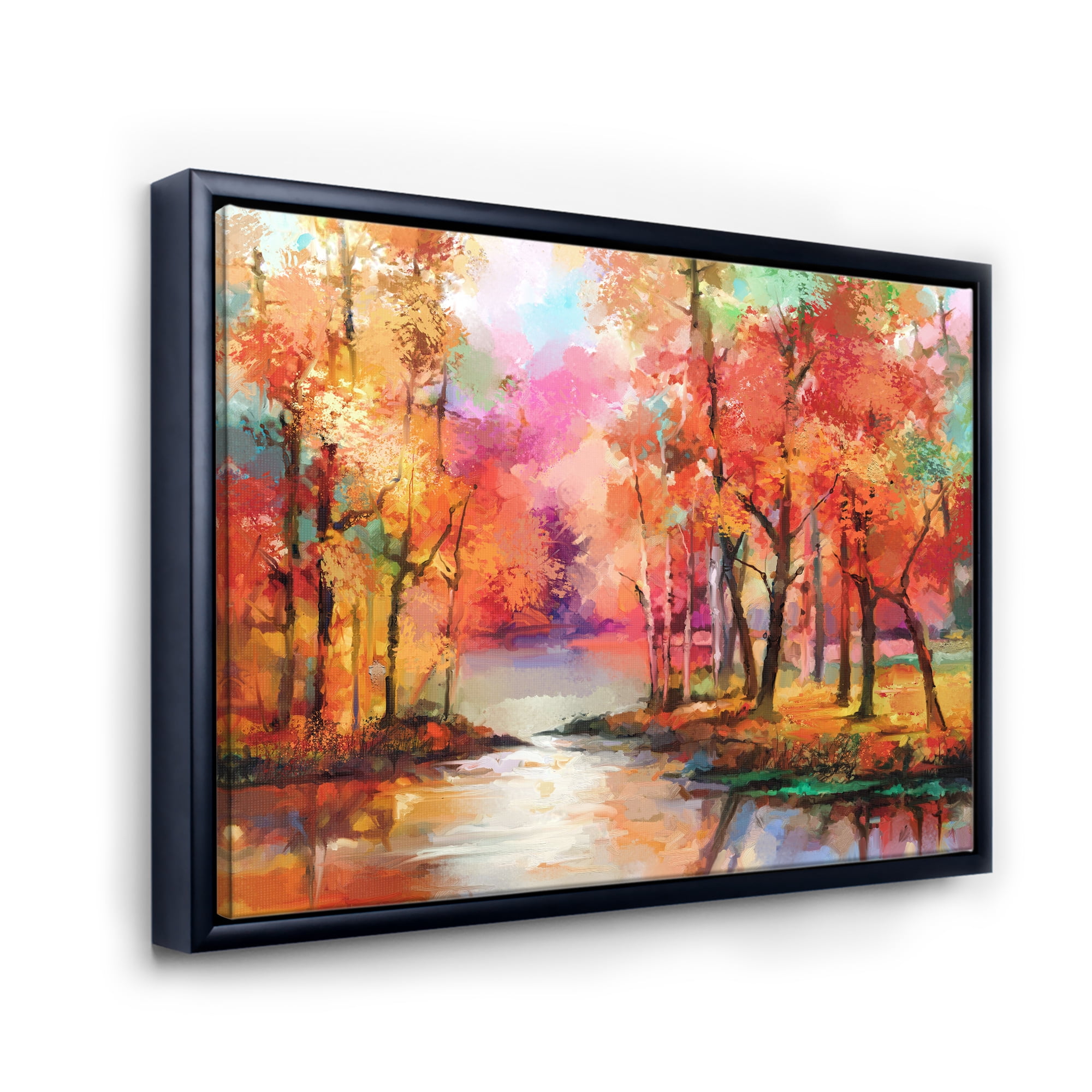 Designart 'The Lake In Autumn By Colorful Autumn Trees' Modern Framed Canvas Wall Art Print