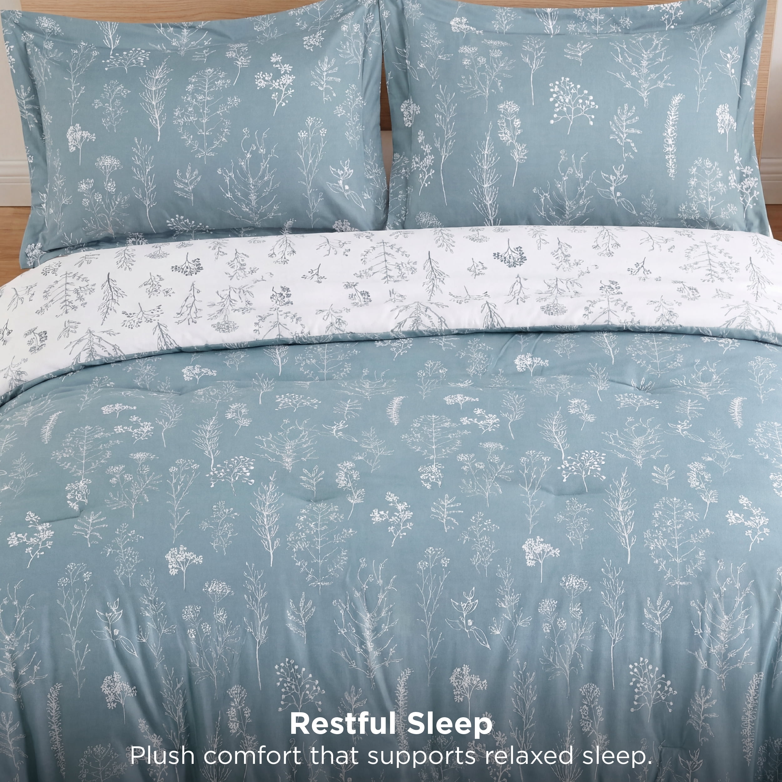 U by Bedsure 3 Pieces Blue Queen Size Comforter Sets, Cute Flowers Botanical Lightweight Soft Bedding Set with 2 Pillow Shams