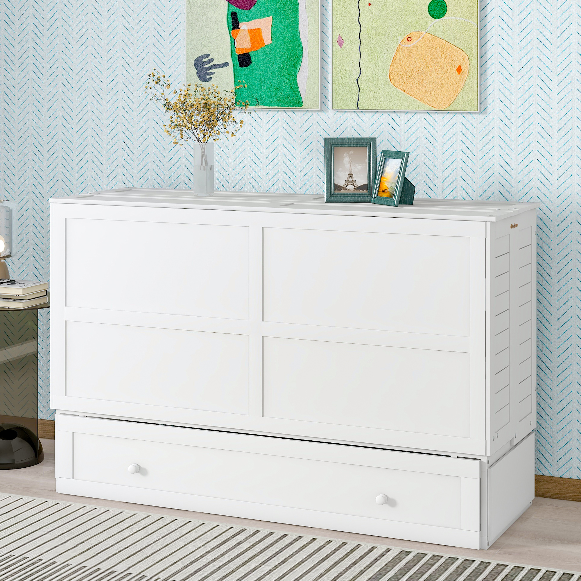 Euroco Queen Size Murphy Bed with Shelf and Drawers, Convertible into a Cabinet with USB Charging Station for Adult Living Room, Easy Open and Close