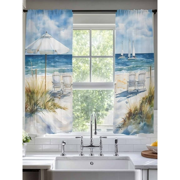 Nautical Wave Blue Sheer Curtains for Living Room Bedroom Coastal Ocean Oil Painted Plant Sheer Curtains 63 Inch Long 2 Panels Set Light Filtering Curtain Window Treatments Drapes for Dining Room
