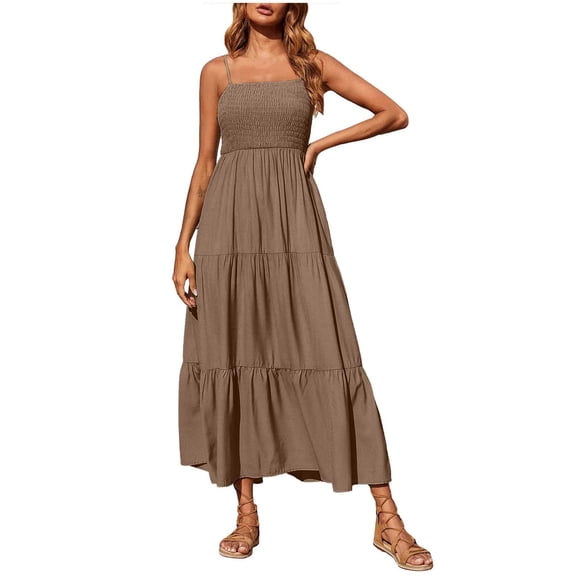 Cobkk Boho Dress Women'S Bohemian Spaghetti Strap Smocked Tiered Long Beach Sun Dresses Sleeveless Solid Maxi Dress Wrap Dresses for Women 2024 Z-1800 Coffee 4Xl