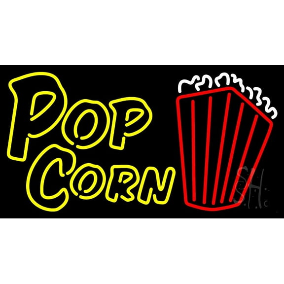 Yellow Popcorn With Logo LED Neon Sign 13" Tall x 24" Wide - inches Black Square Cut Acrylic Backing, with Dimmer - Premium built indoor Sign for Cinema, Storefront.