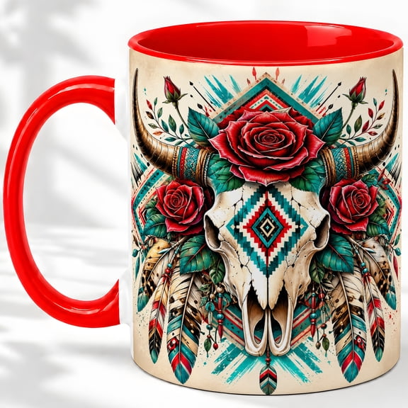Southwestern Bull Skull Accent Mug, 11oz Ceramic Mug Glossy ceramic mug with vibrant double-sided artwork for daily coffee or tea
