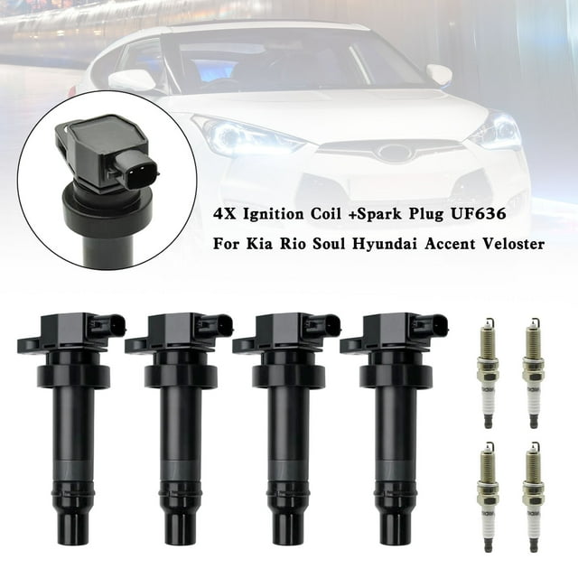 4X bobina de encendido + bujía UF636 para Kia Rio Soul Hyundai Accent Veloster
