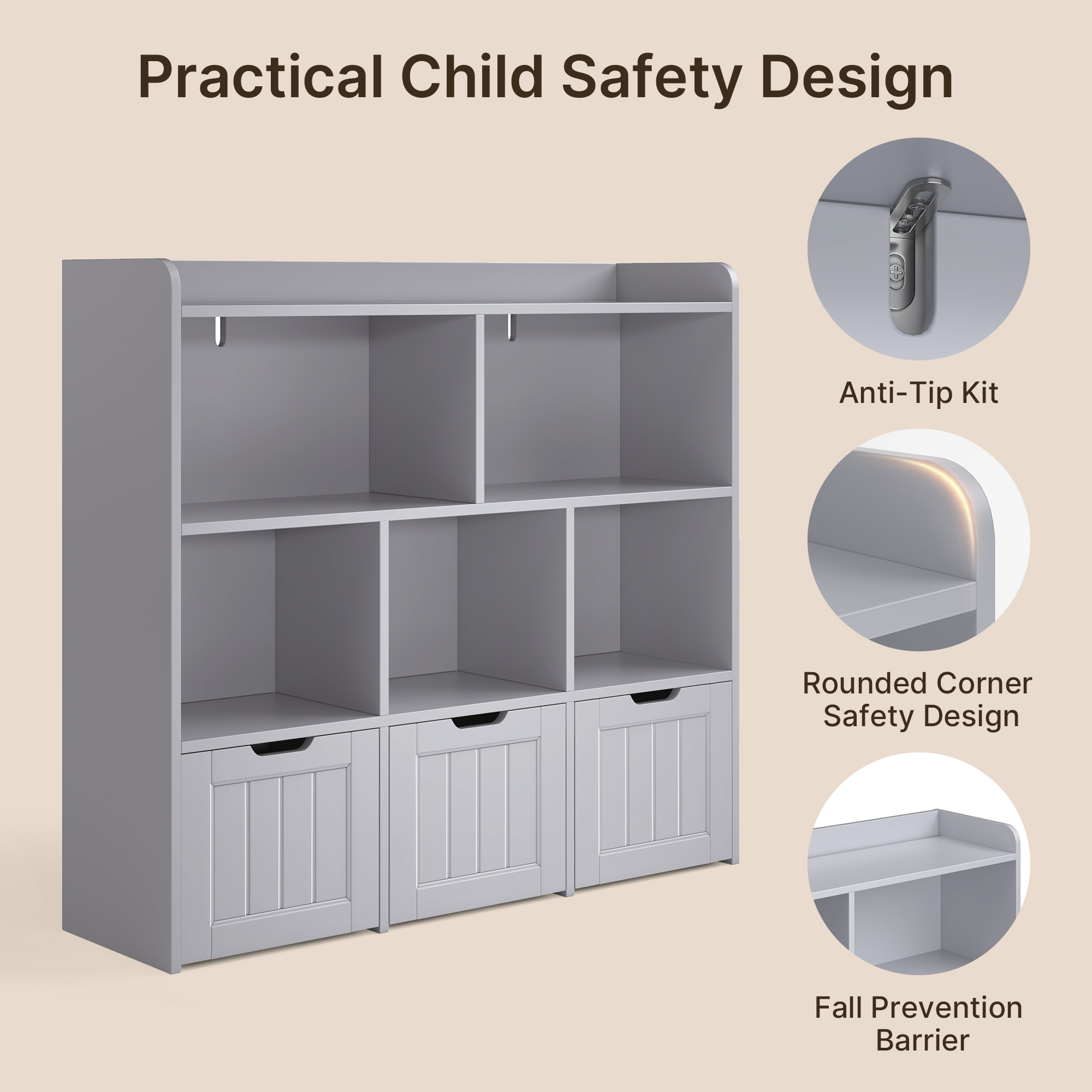 Noelse Toy Storage Cabinet and Kids Bookcase with 3 Movable Drawers and 6 Open Shelves Featuring Fall Prevention Barrier for Playroom Nursery Kids Room Organization, Gray