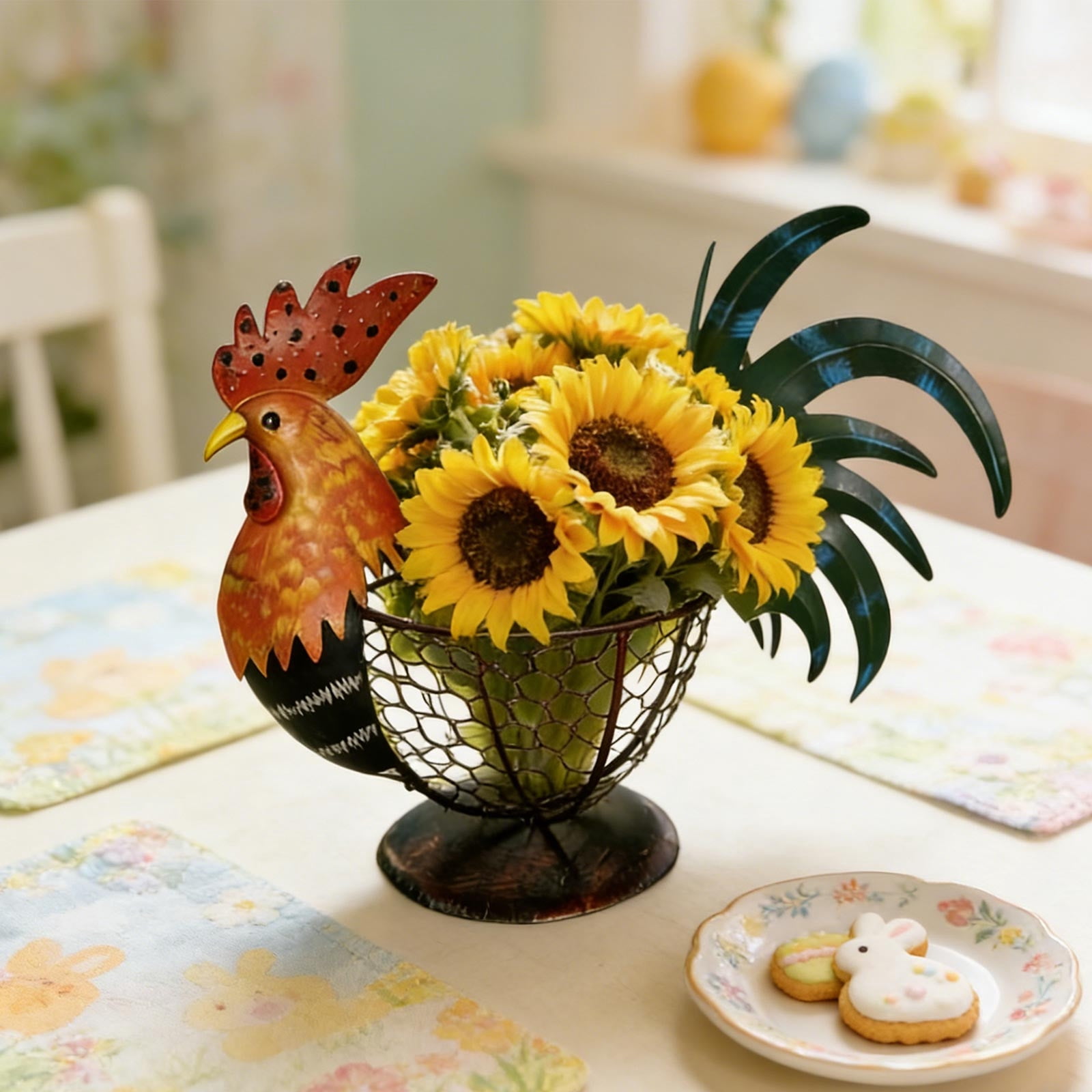 Easter Rooster Wrought Iron Ornament Outdoor Farm Animal Garden Decor Creative Balcony Planter Colorful Yard Art Sculpture