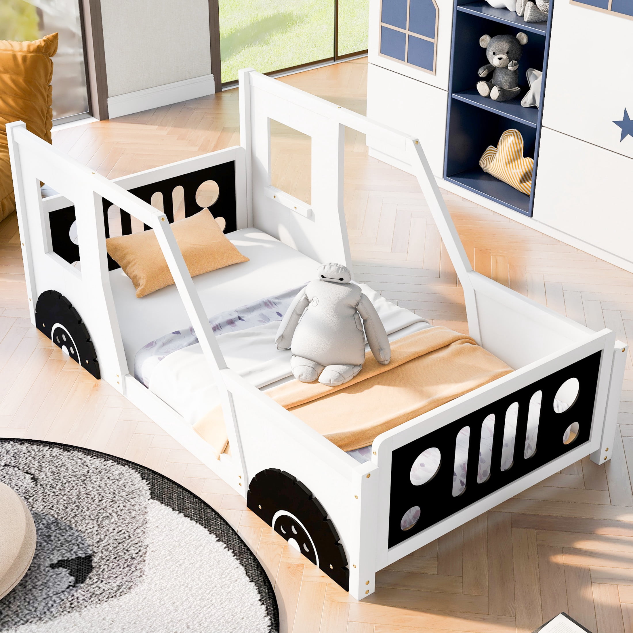 Noble House Twin Classic Car-Shaped Platform Bed, Playful Pine Wood Frame with Doors and Wheels, White