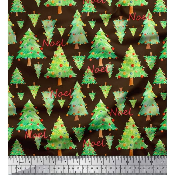 Soimoi Brown Cotton Voile Fabric Text & Christmas Tree Decor Fabric Printed Yard 42 Inch Wide