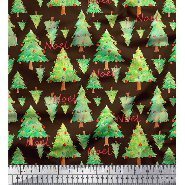Soimoi Brown polyester Crepe Fabric Text & Christmas Tree Fabric Prints By Yard 42 Inch Wide