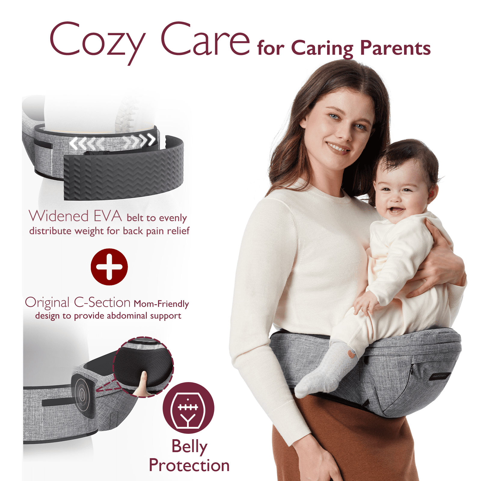 Momcozy Baby Hip Seat Carrier with Adjustable Waistband 3D Belly Protector EVA Massage Board M Size