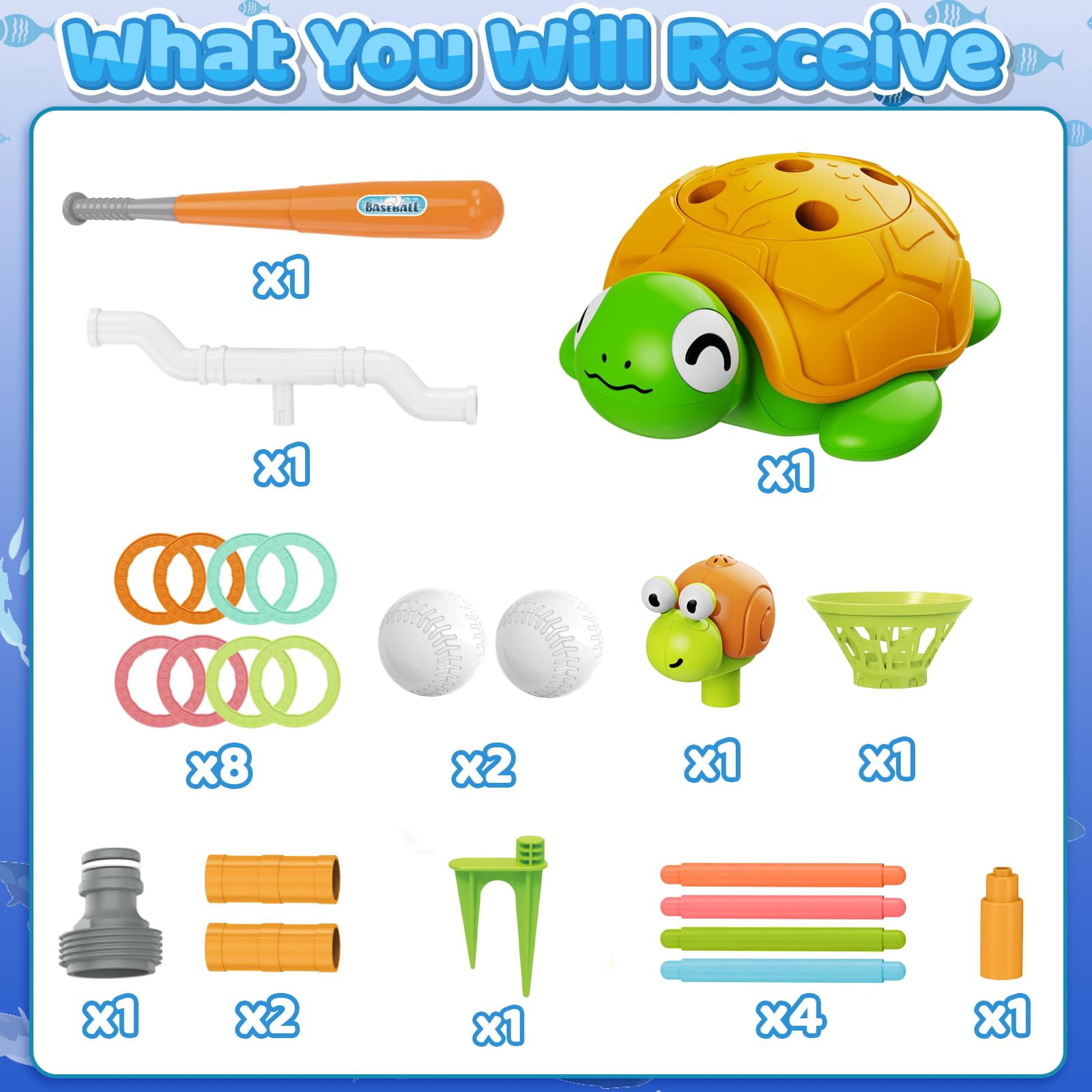 JoyStone 4-in-1 Turtle Water Sprinkler Toys for Kids, Water Spray Game with Baseball & Ring Toss, Summer Outdoor Toy for Toddlers Boys Girls Gifts