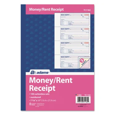 Adams Receipt Book 7 5/8 x 11 Three-Part Carbonless 100 Forms TC1182