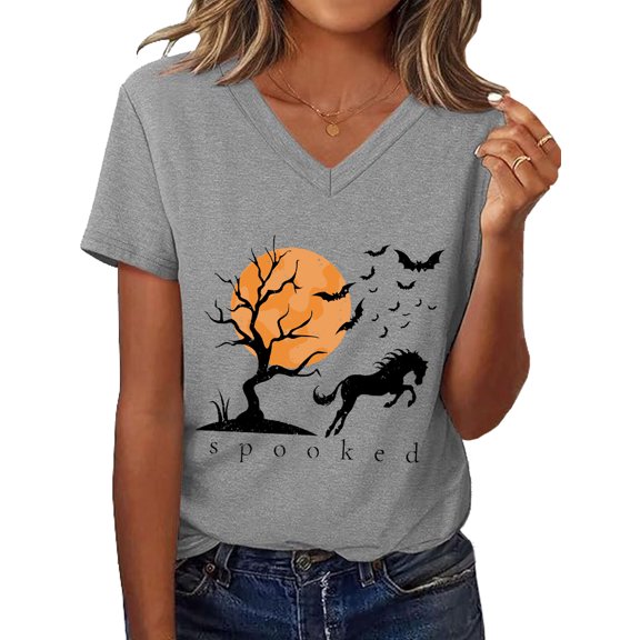 Spooked Horse Shirt Halloween Horse Shirts Spooky Season Short Sleeve Casual V Neck Tee Top Horses Lover Gifts