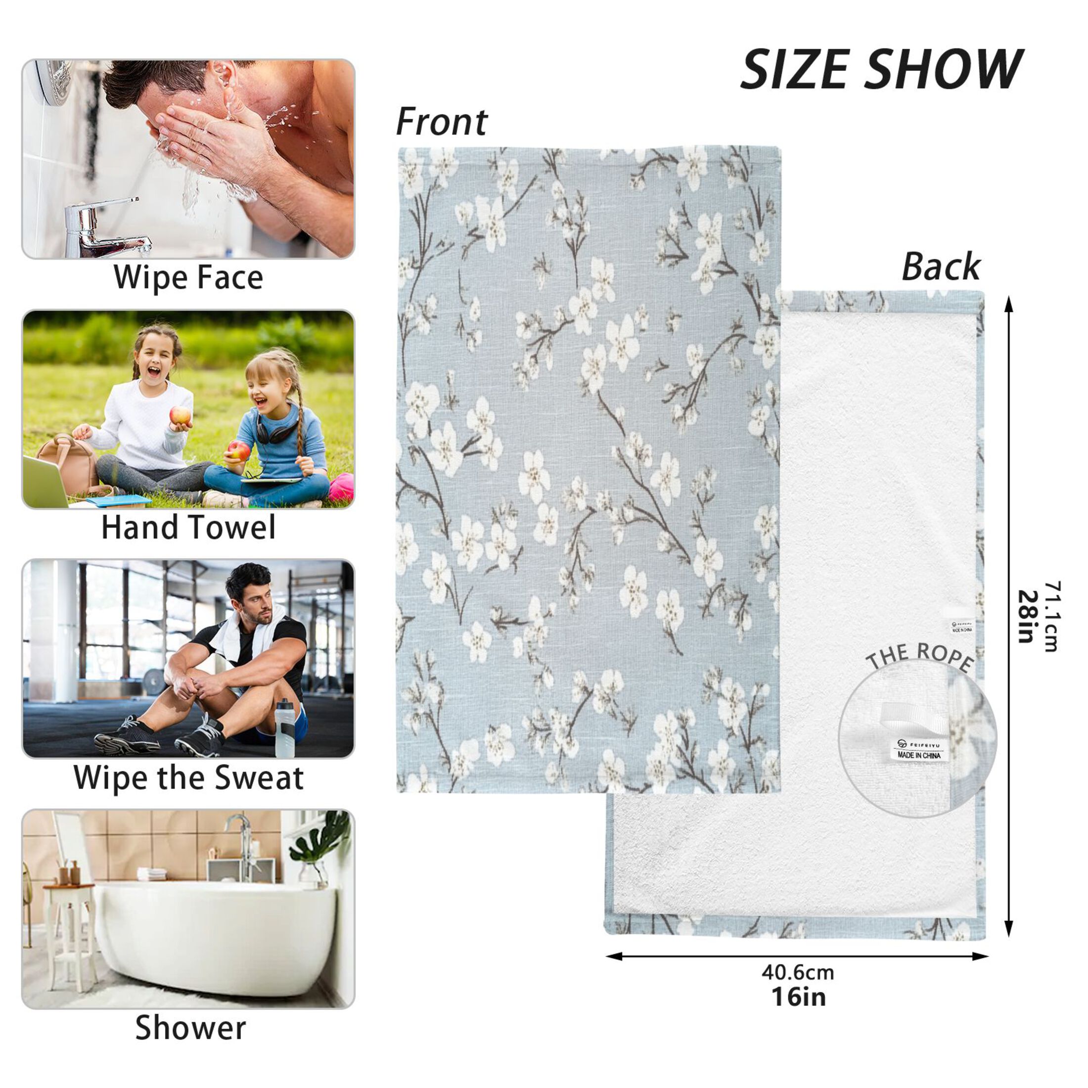 Cotton Towel Two-Piece 16x28 Inch One Sizex2 Face Towel Set Towel Set Cotton Hand Bath Towel Bathroom Beach Pretty White Cloth Flowers