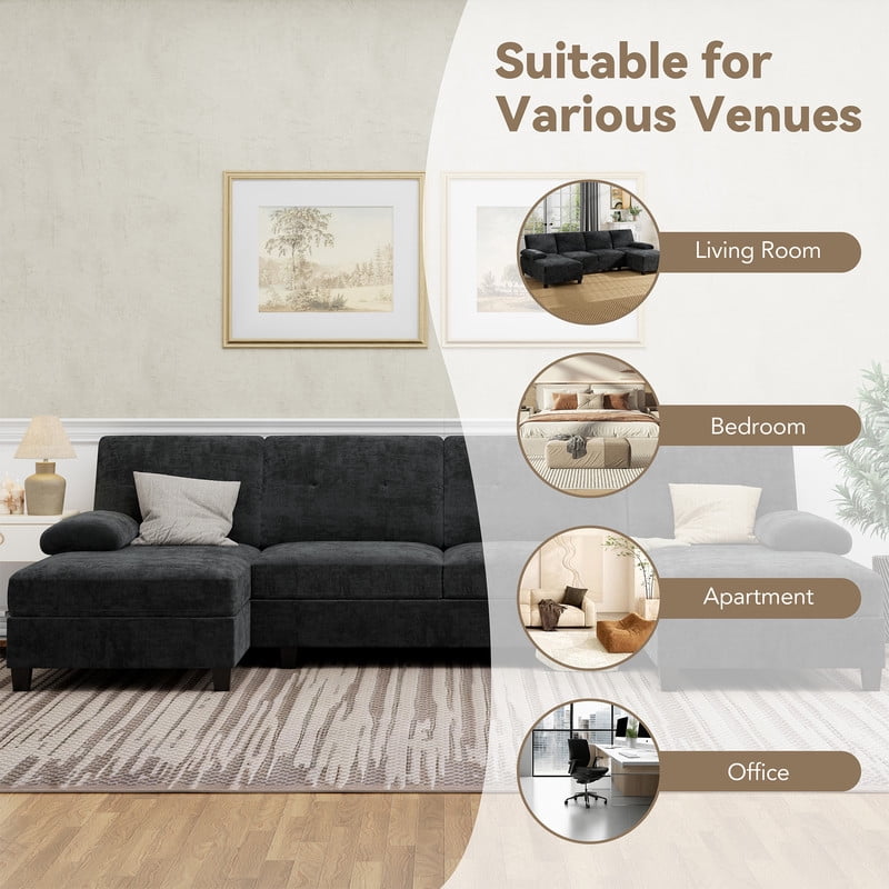 Walsunny Modern U-Shaped Sectional Sleeper Sofa with 4 Deep Seat, Modular Cloud Oversized Sofa Couch with Chenille Fabric & Double Chaise for Apartment, Black