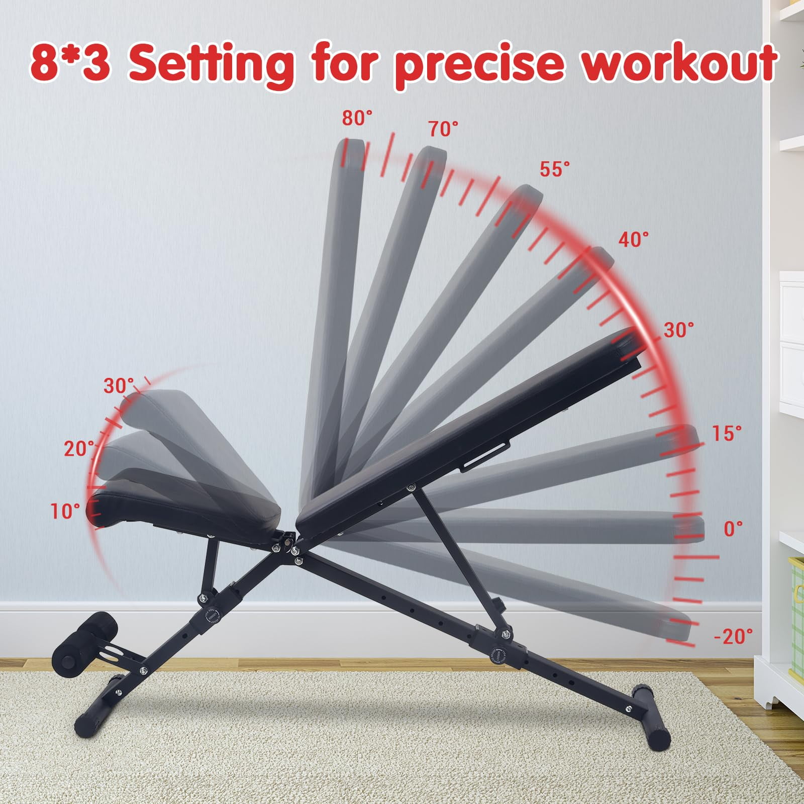 Ataujin Adjustable Weight Bench, Home Gym Equipment Heavy Duty 8-Backrest & 3-Seat Positions, Space-Saving, Full Body Workout Foldable Bench, Square Tube Style