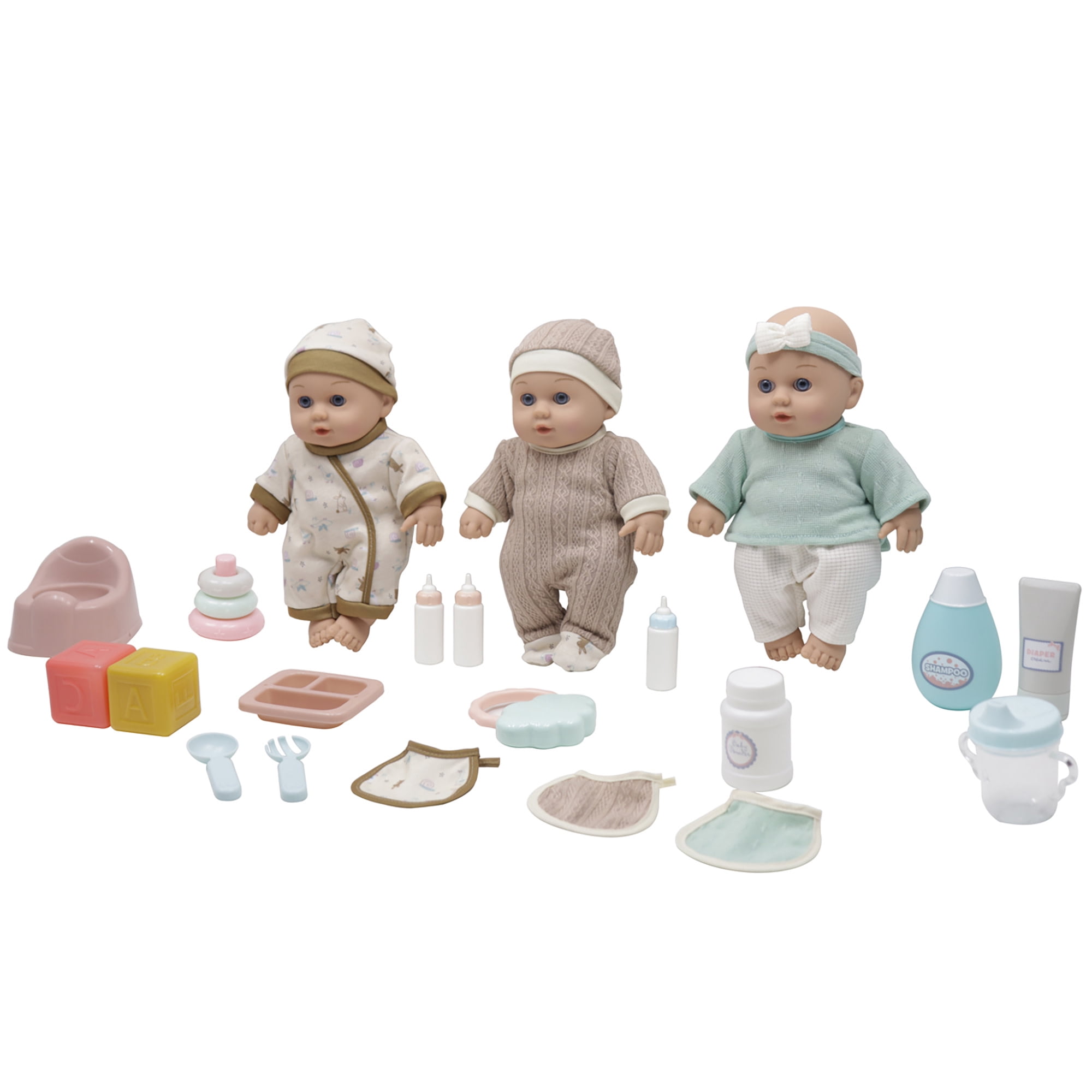 Baby Dreami: 14" Baby Doll Triplets Care Playset - Brown & Teal Outfits, 19pc Nurturing Accessories, Potty-Feeding-Bathing, Play Toys, Kids-Toddler 2+
