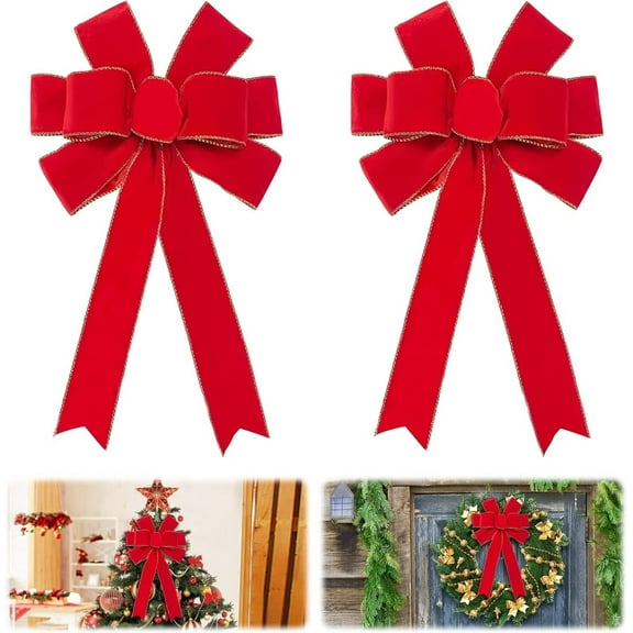 Pakyozj Red Bows Christmas Decorations 12”X20” Big Red Velvet Ribbon Wired Decorative Bows with Glitter Gold Edge for Tree Topper, Outdoor Indoor Wreaths Stair Fence Xmas Home Front Door Decorations