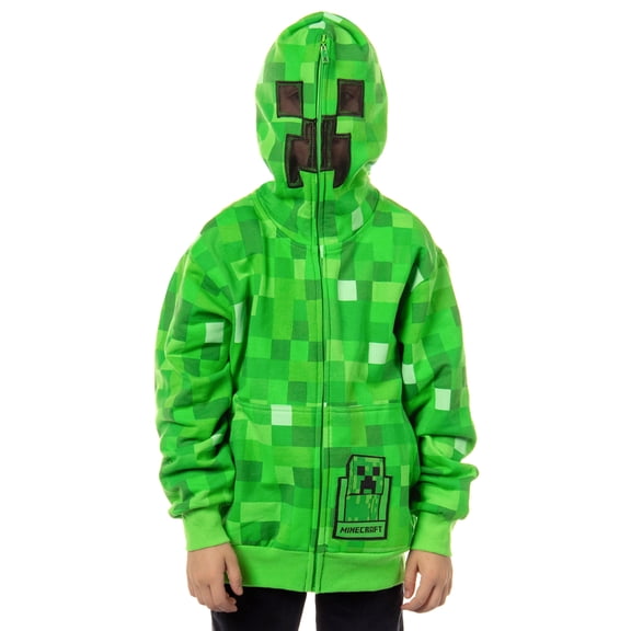 Minecraft Boys' I Am Creeper Allover Pixel Design Big Kids Full-Zip Hoodie with Rubber Creeper Zipper Pull