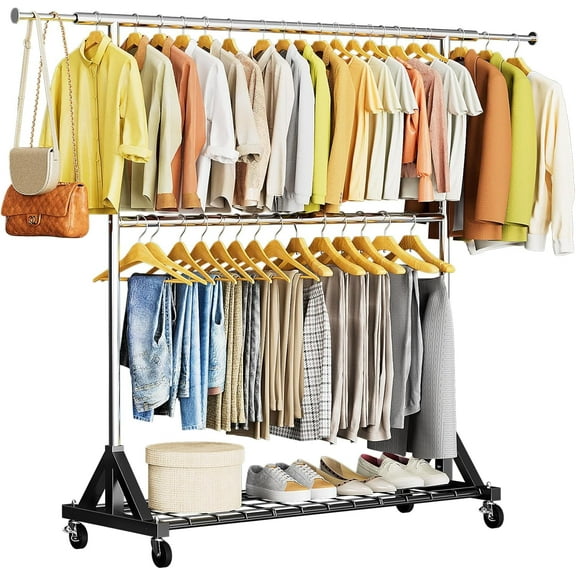 Luxspire Heavy Duty Clothes Rack Load 600 LBS, Double Rod Clothing Rack, Rolling Garment Racks with Lockable Wheels, Shelves, Adjustable Laundry Hanging Racks for Clothes