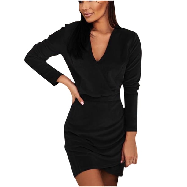 Falda corta elegante del vestido de las mangas largas del color sólido del cuello en v de las mujeres de la moda Pompotops qwe12782
