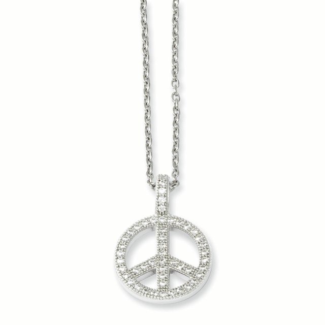 Sterling Silver & CZ Brilliant Embers Polished Peace Necklace 18 Inch
