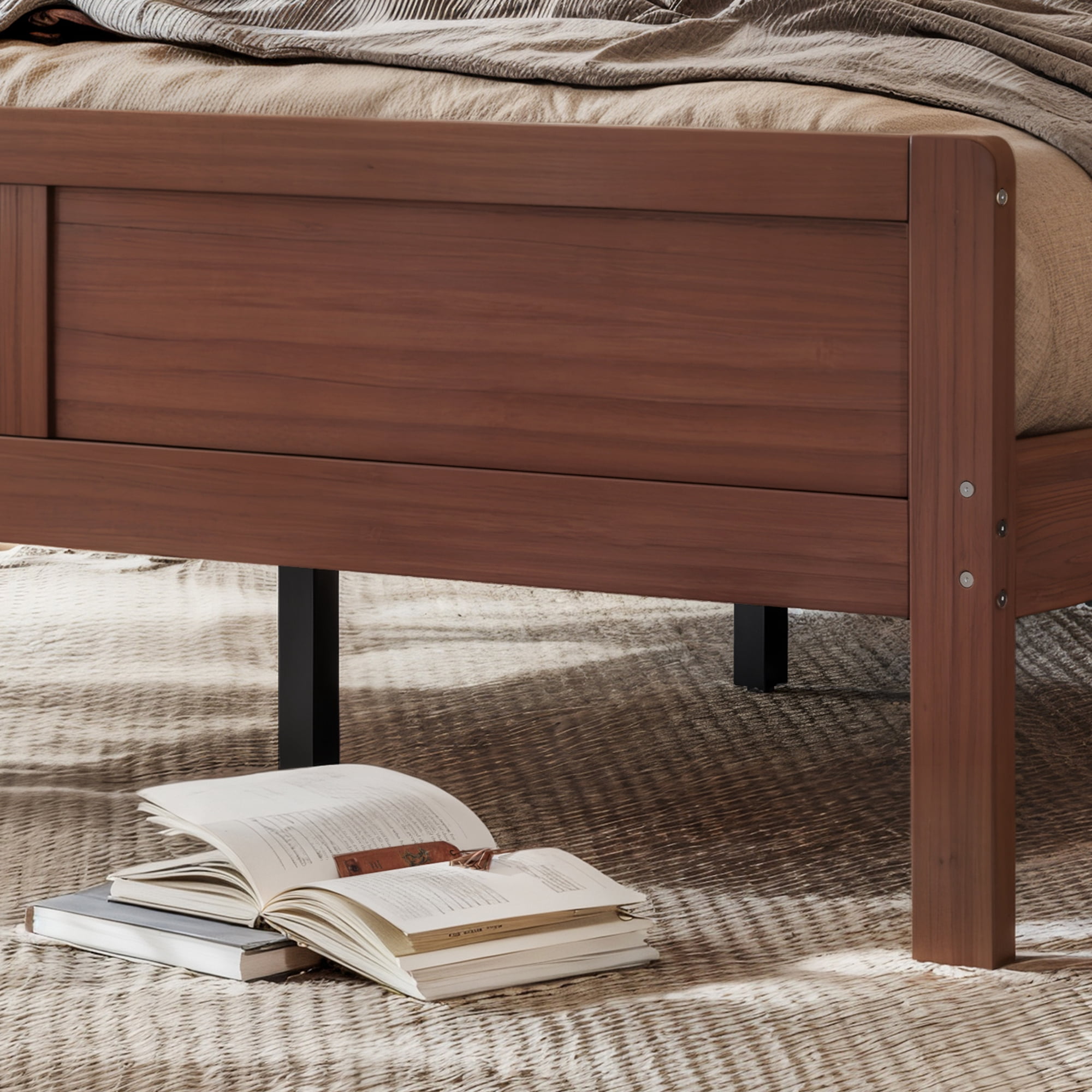 Leumius Full Size Platform Bed with Tall Headboard, Solid Wood Bed Frame with Support Slats for Bedroom,Guest Rooms, Apartments,Easy Assembly,Brown