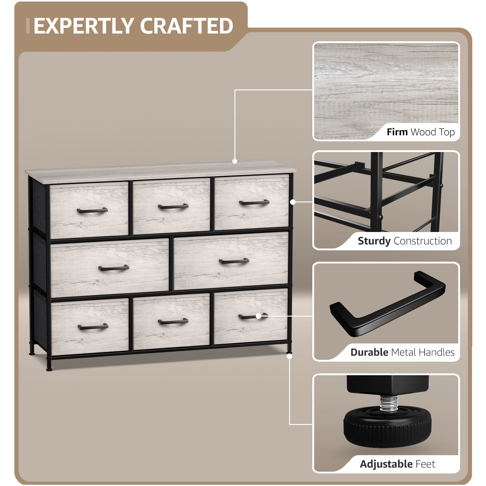 Sorbus Dresser with 8 Fabric Drawers – Wide Storage Chest, Collapsible & Portable TV Stand – Organizing for Bedroom & Living Room, Greige