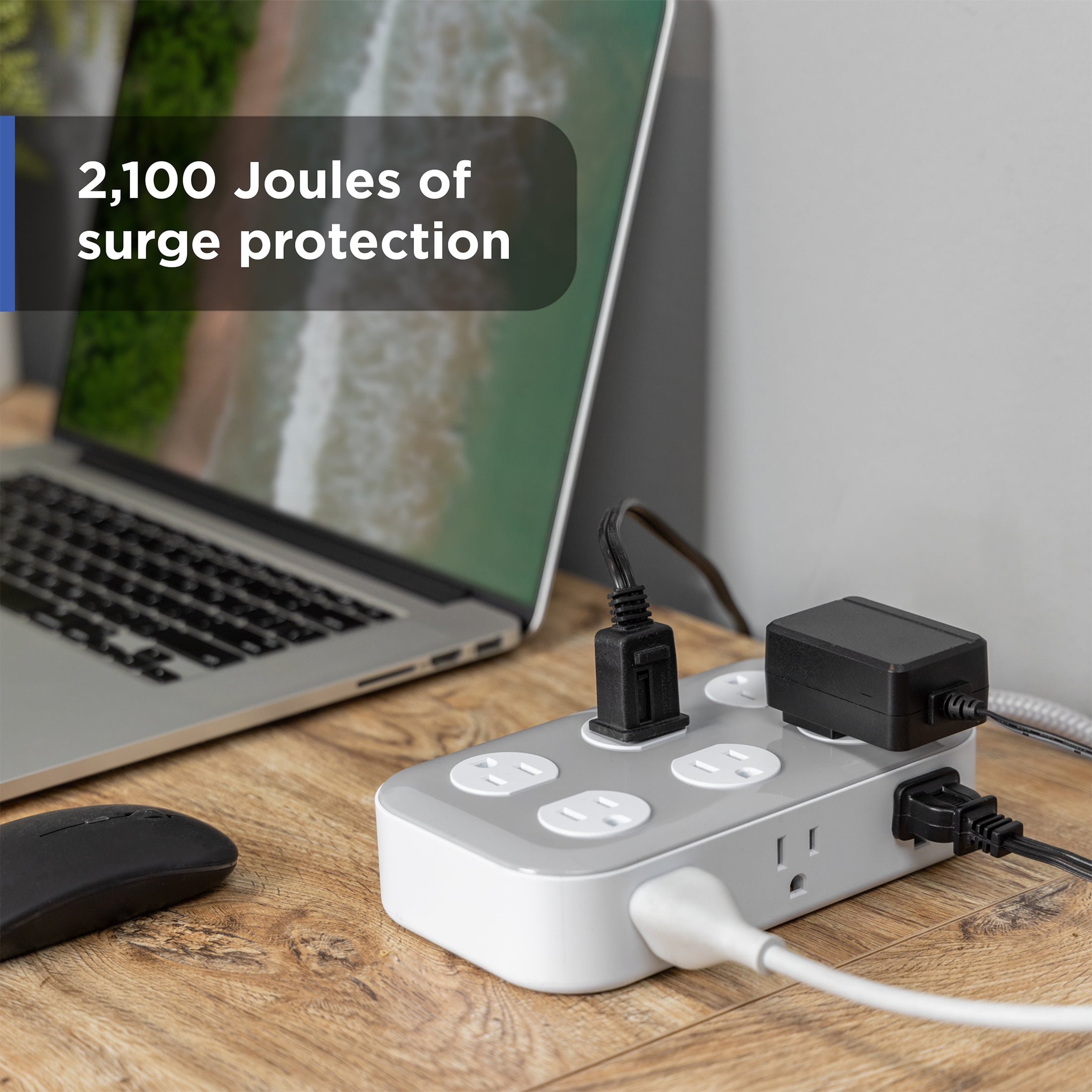 GE Surge Protector Power Strip, 4ft  Braided Extension Cord, 12-Outlet Extender (Wide Spaced), 2100 Joules, Flat Plug, ETL Safety Listed, Gray/White