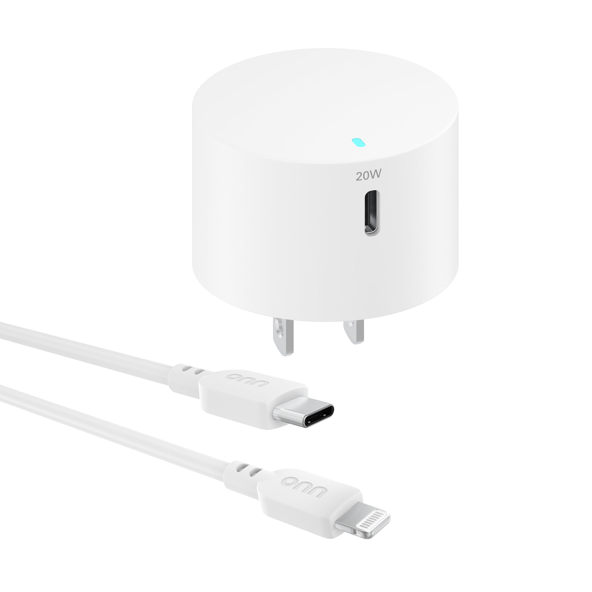 onn 20W Single USB-C Port Wall Charger with 3ft Lighting to C Cable, Fast Charging, MFI & USB-IF Certified, Foldable Plug, White - Compatible with iPhone 14/13/12/11/X/XR/XS, iPad, Airpods and more